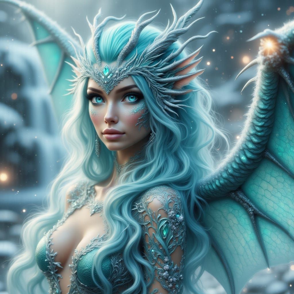 Aqua Dragon Woman in Snowy Landscape