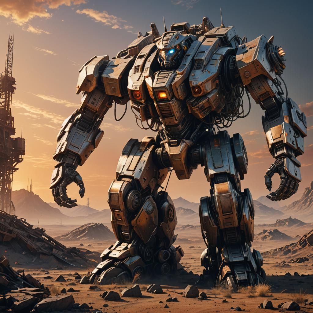 Sci-Fi Mech Warrior in Wasteland: Digital Art