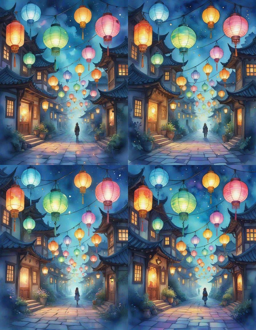 Fantastic Multicolored Lantern World: Watercolor Sketch
