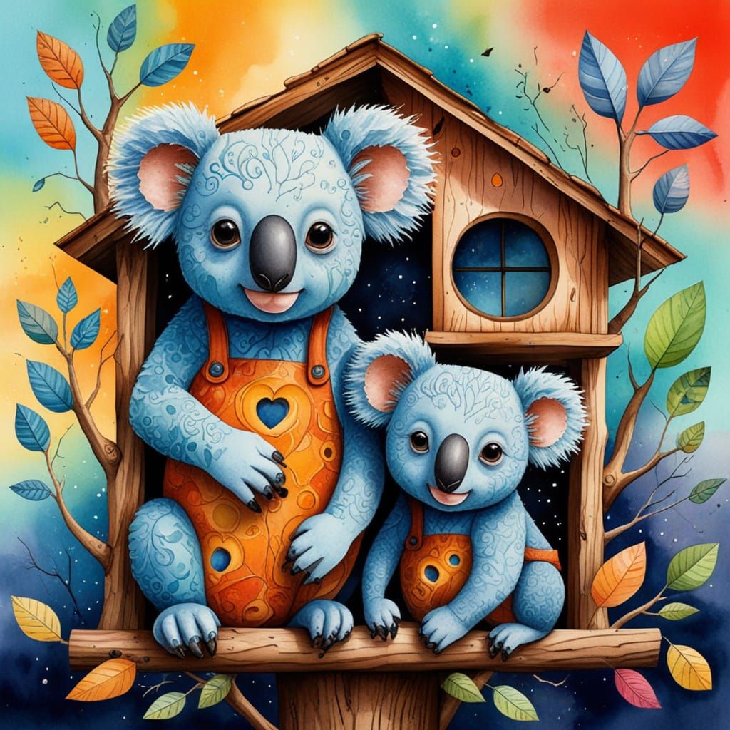 Whimsical Koalas in a Victorian Treehouse, Watercolor Style