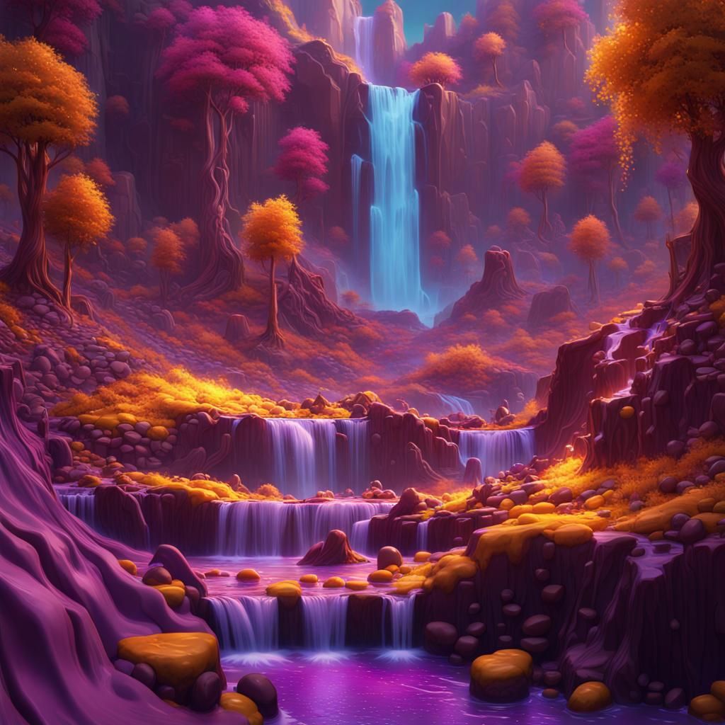 Hyperdetailed Candy Waterfall Landscape in Dark Fantasy Styl...