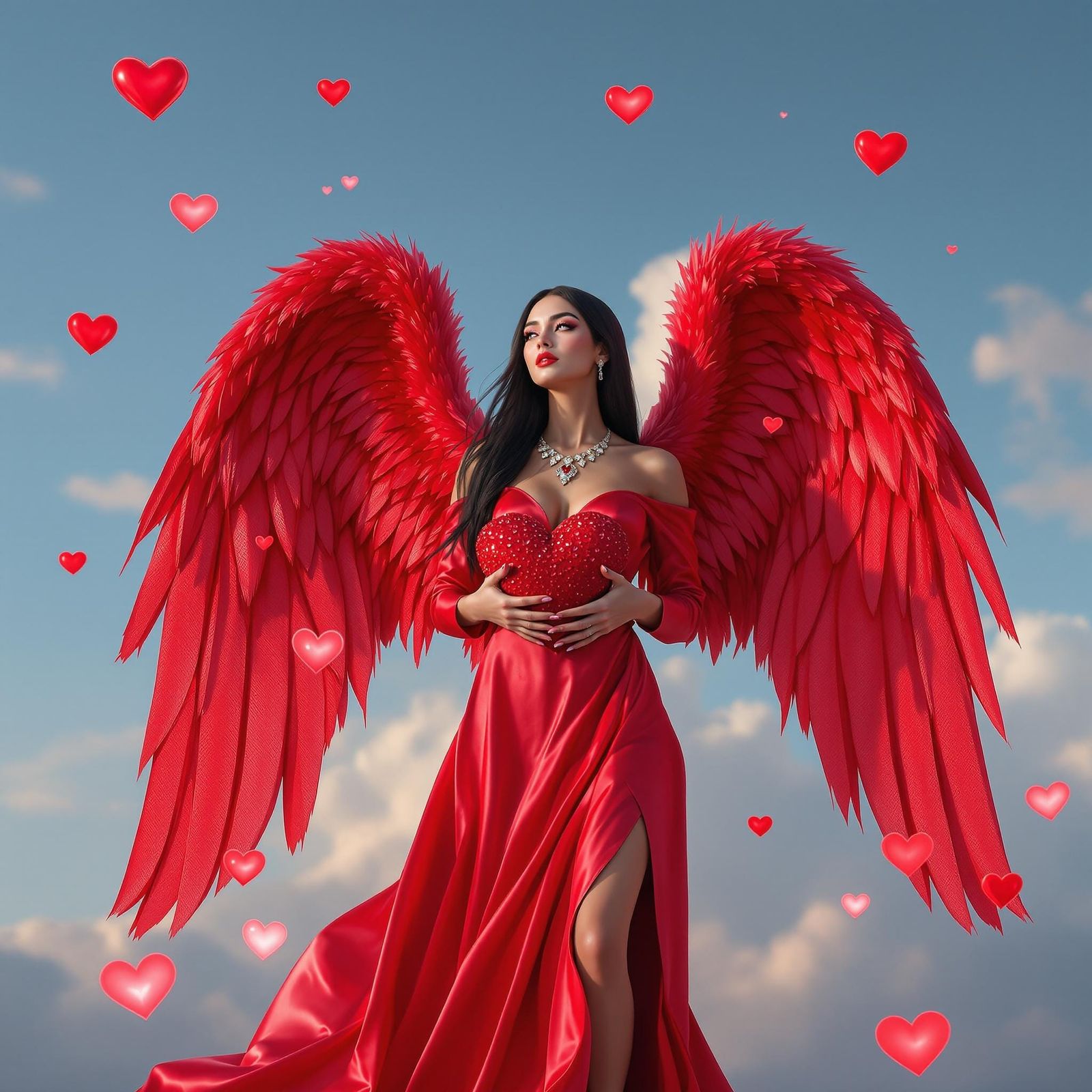 Hyperrealistic Beauty with Angel Wings and Valentine's Heart