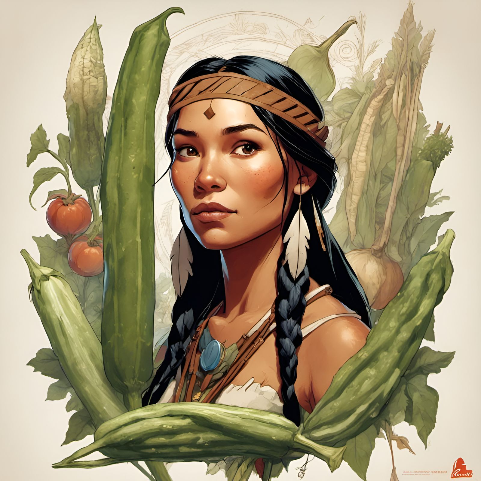 Pocahontas Surrounded by Okra: Digital Illustration