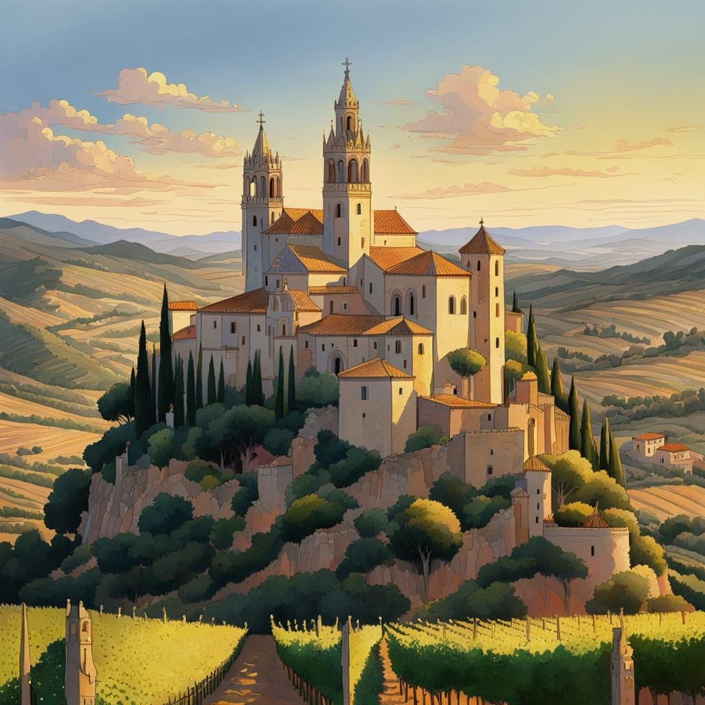 Gothic Monastery Amidst Catalonia Vineyards at Magic Hour