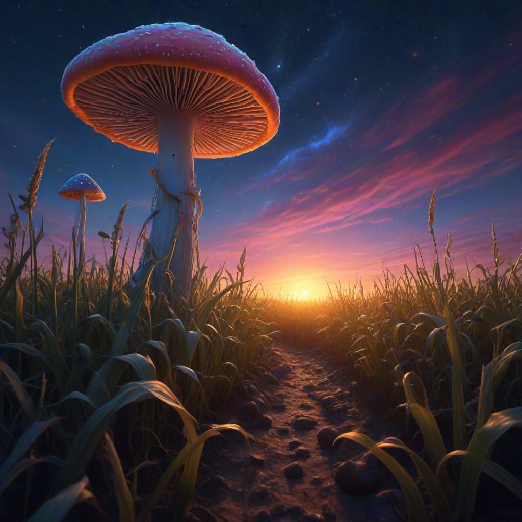 Candy Mushroom Field Under Cosmic Nebula Sky