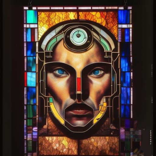 Cyberpunk Bauhaus Poster with Stained Glass and Steampunk