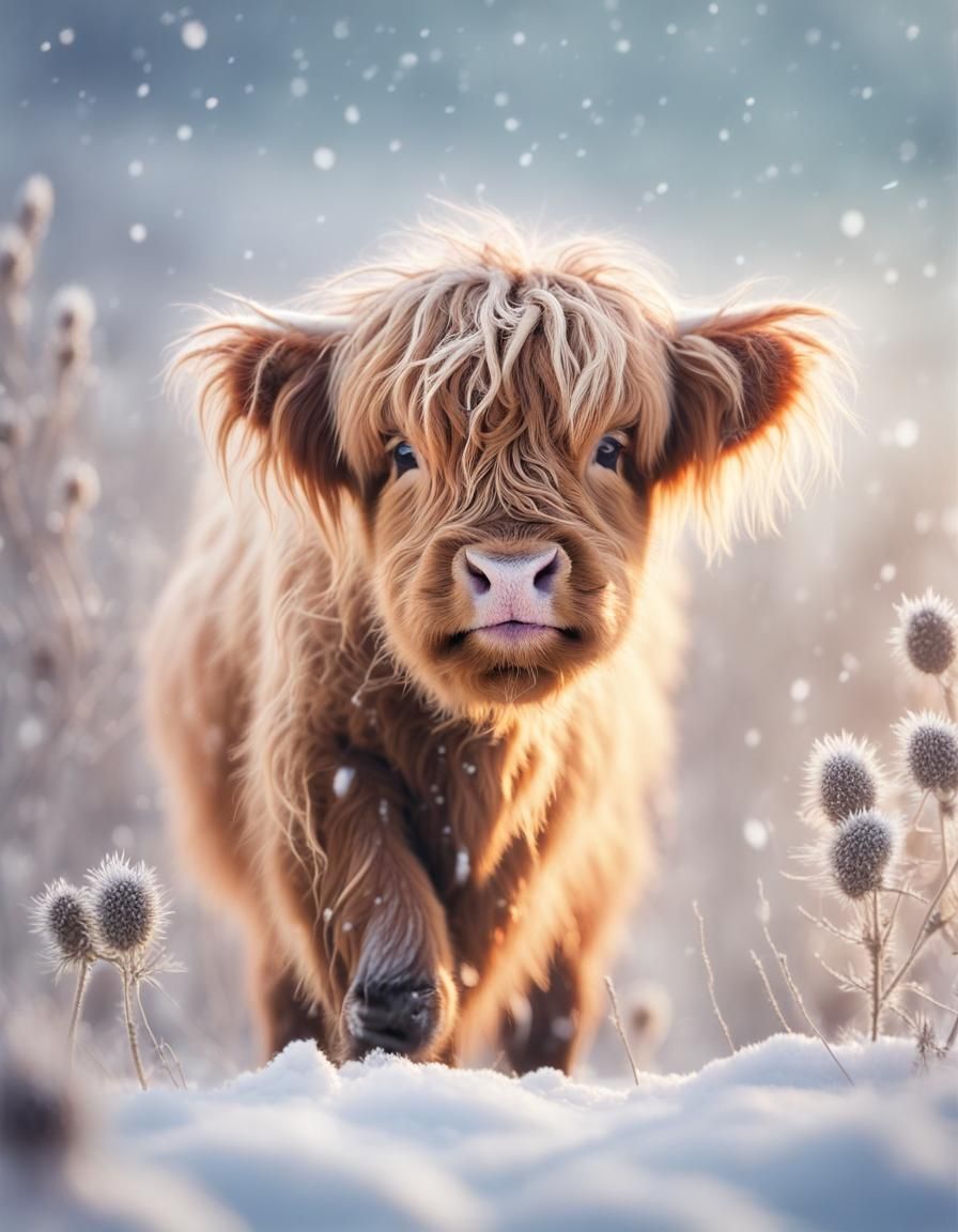 Adorable Fluffy Highland Calf in Winter Scene