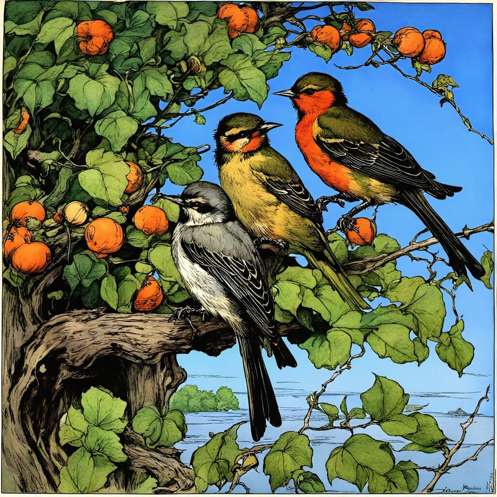 Beautiful birds in a tree,  by arthur rackham, art by charle...