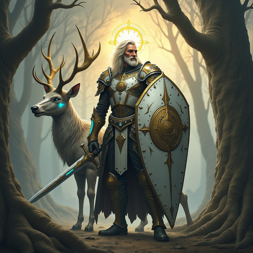 Aasimar Artificer with Mechanical Stag in Forest
