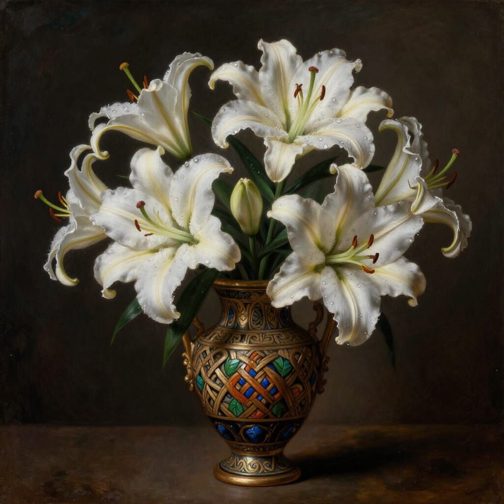 Baroque Easter Lilies in Ornate Celtic Vase
