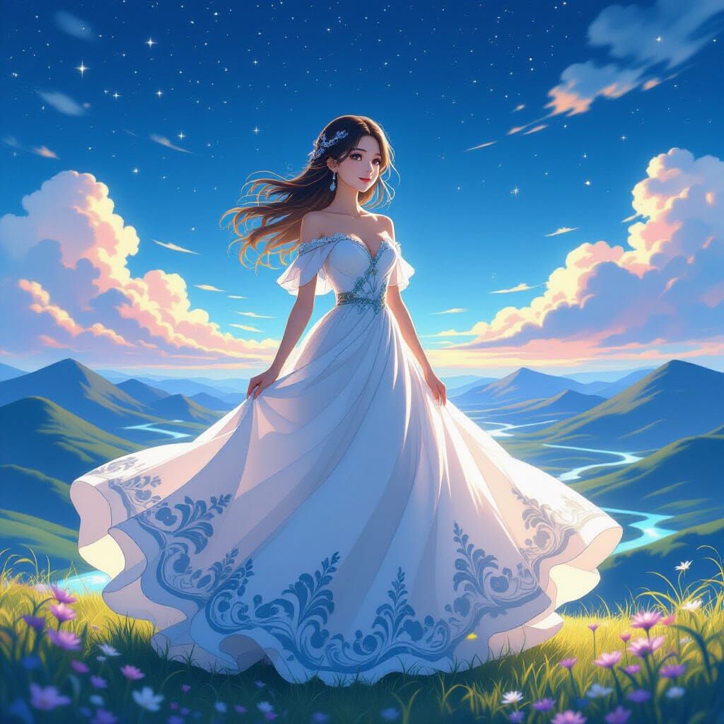 Woman in Silk Gown with Whimsical Landscape Dress