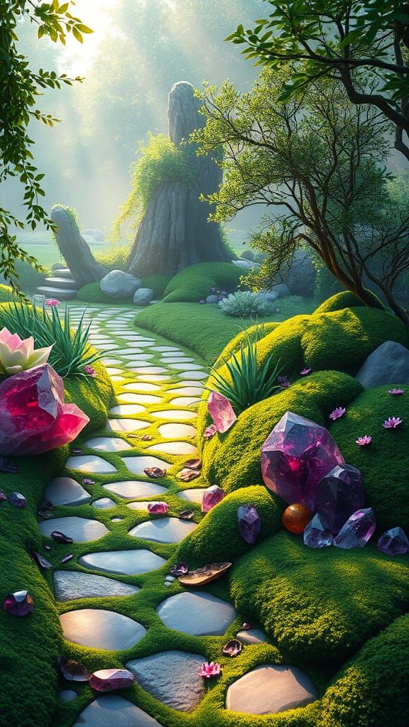Tranquil Garden Paradise with Gemstones in Impressionist Sty...