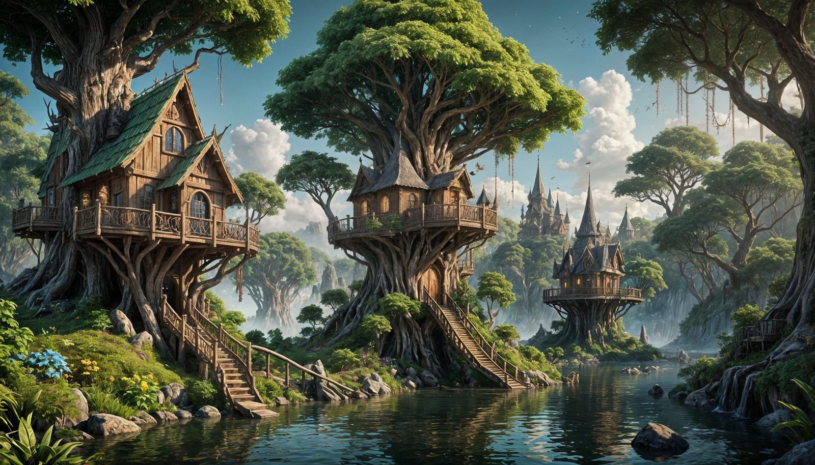 Elven Treehouses Along Forest River, Detailed Matte Painting