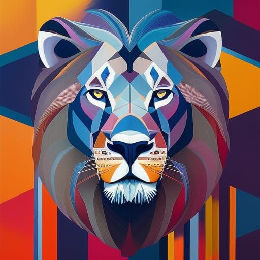 Geometric Art Lion Head in Cubist Style