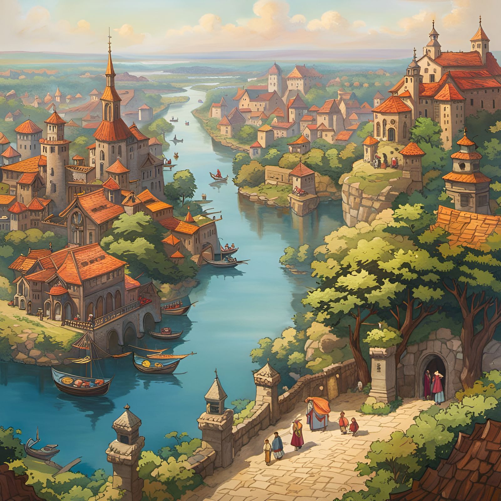 Gleaming Medieval City in Watercolor Style