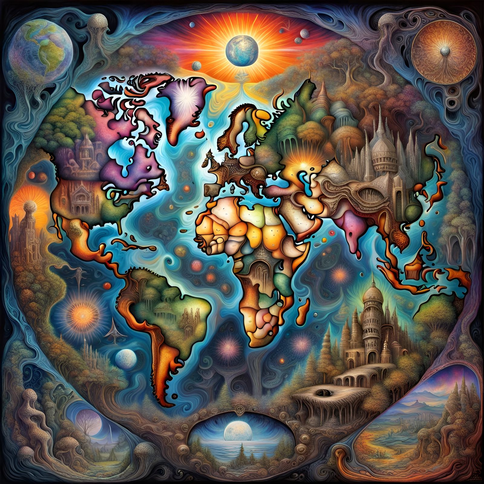 Psychedelic World Map in Surrealist Style