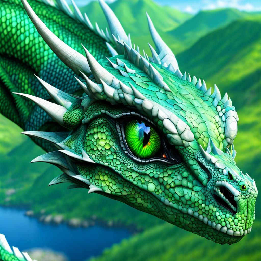 Flying Dragon over Green Landscape: Detailed Realism