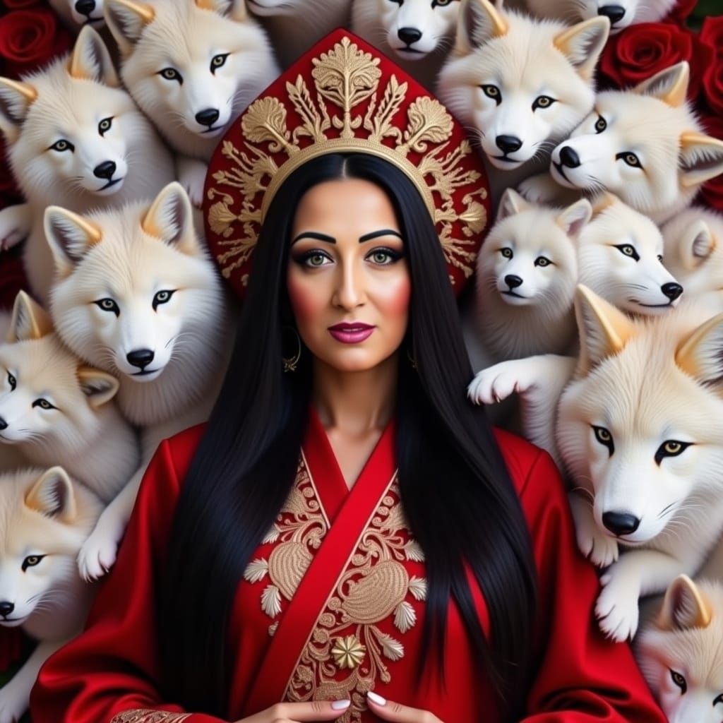 Elegant Woman and Nine-Tailed Fox in Fantasy Setting