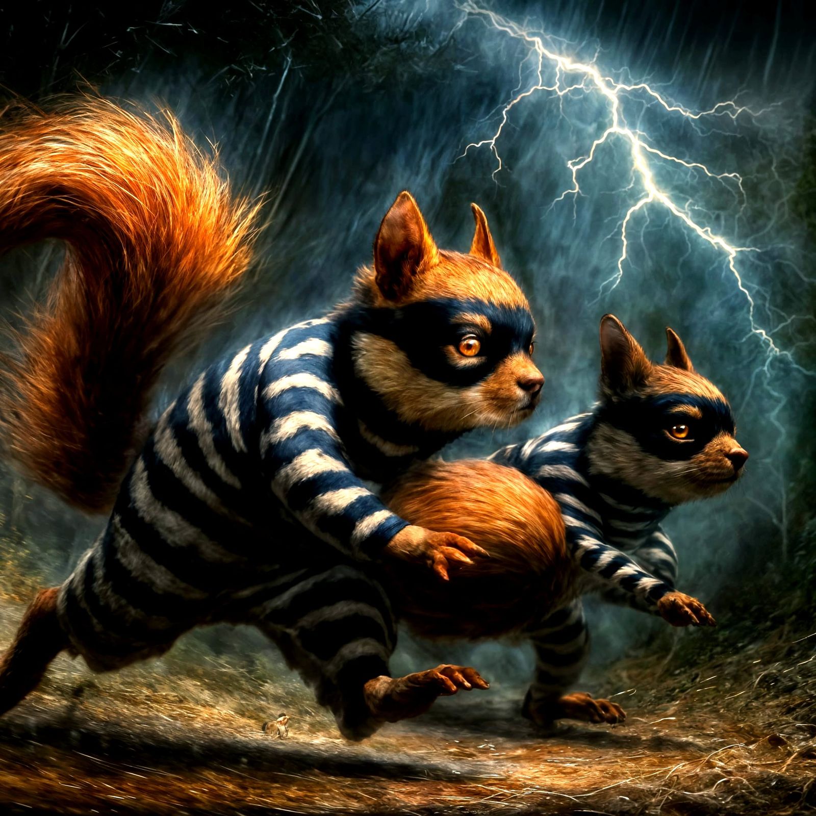 Mischievous Squirrels Stealing Food in Forest Rainstorm