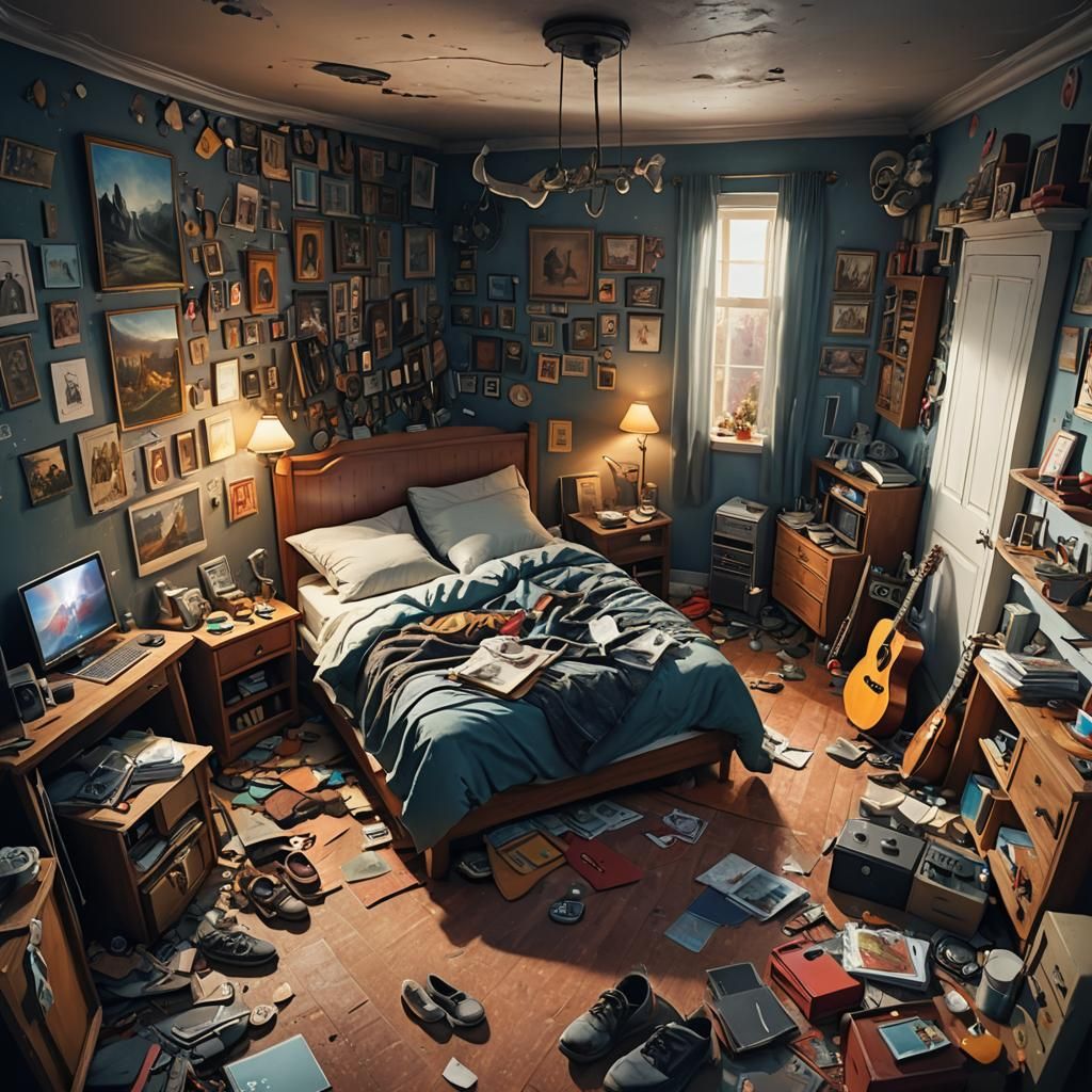 Cluttered Bedroom with Guitar in Digital Oil Painting
