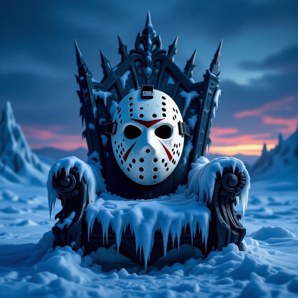 Frosty Hockey Mask on Ice Throne in Frozen Wasteland
