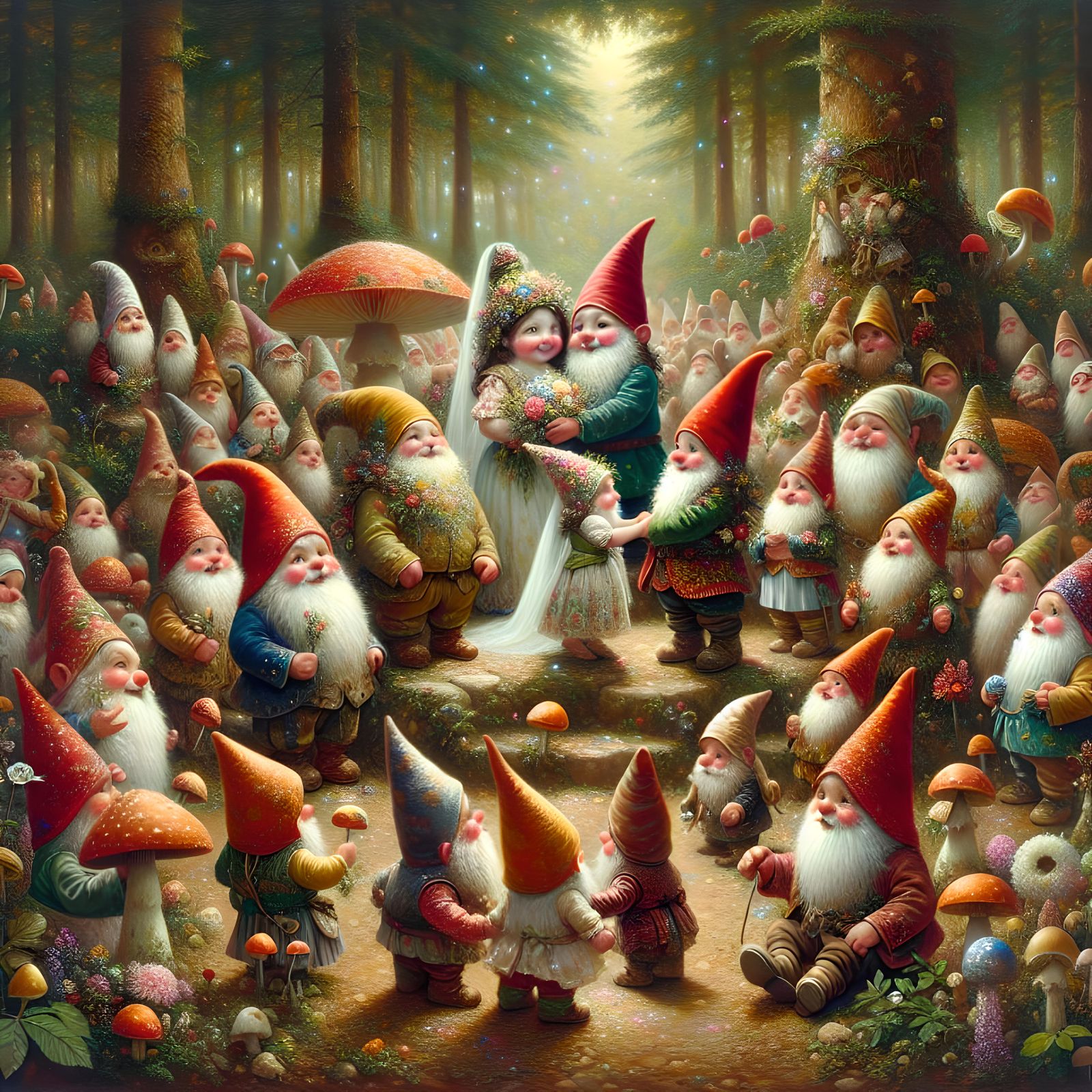 Gnomes at a gnome  wedding, in the style of late 19th early ...