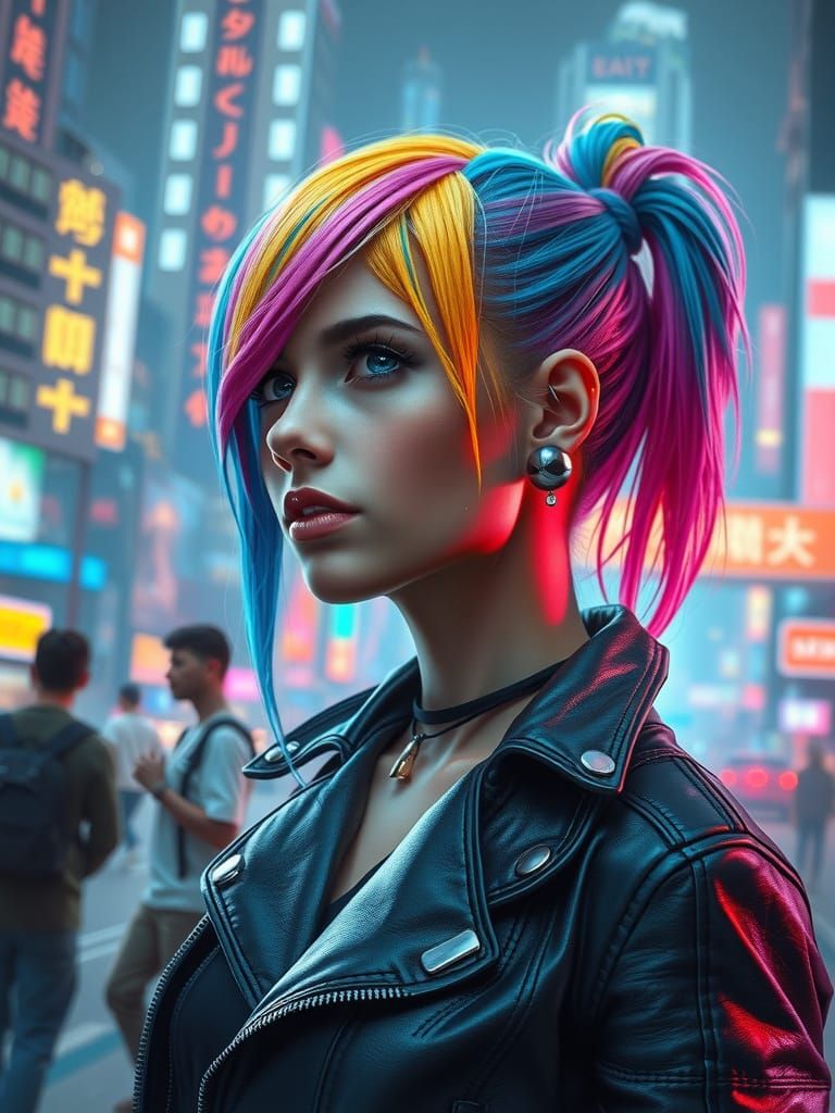 Cyberpunk Girl with Rainbow Hair in Neon Cityscape