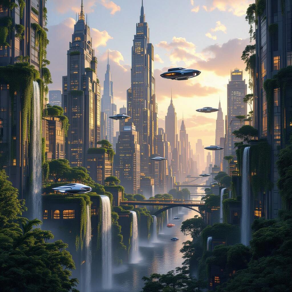 Art Deco Cityscape at Dusk with Vertical Gardens