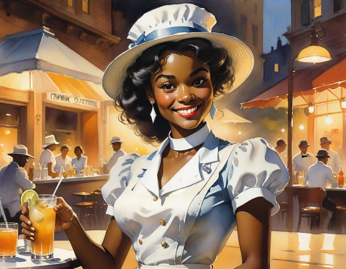 Sultry Vintage Waitress with Warm Smile