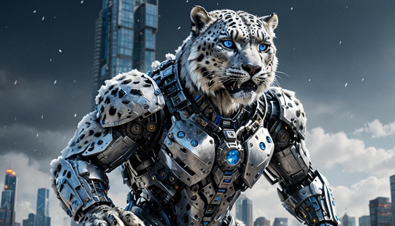 Snow Leopard Cyborg Roaring Near City Skyscraper