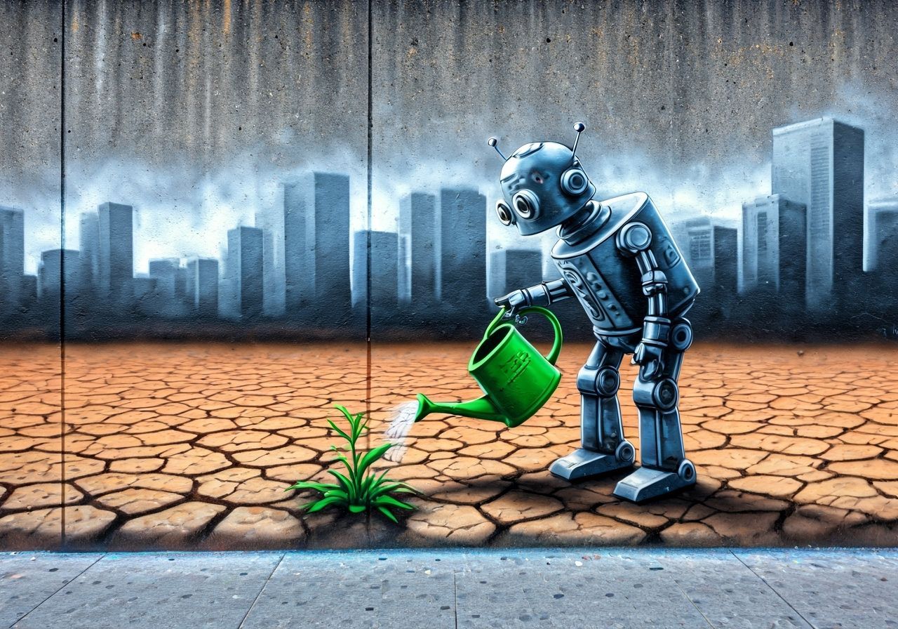 Robot Waters Desert Plant: Banksy-style Mural