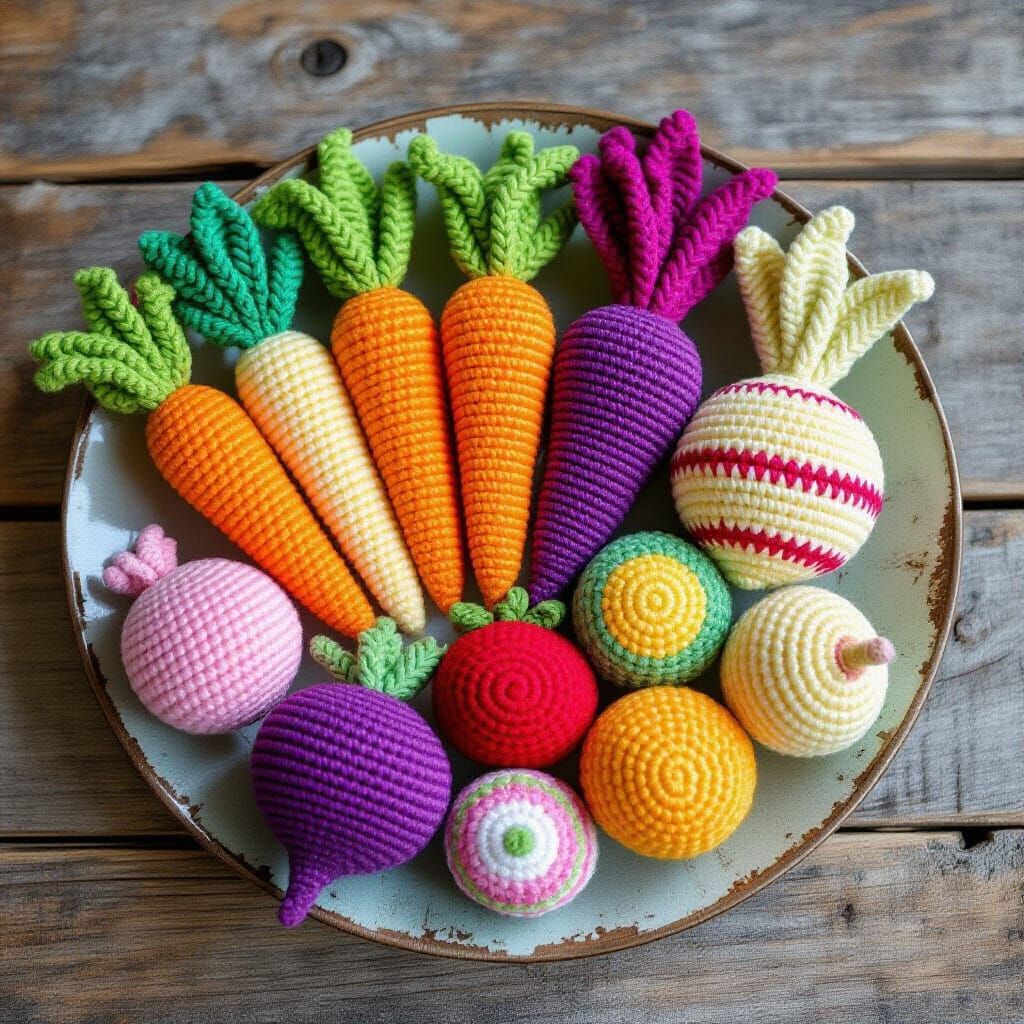 Colorful Crocheted Vegetables in Storytelling Style