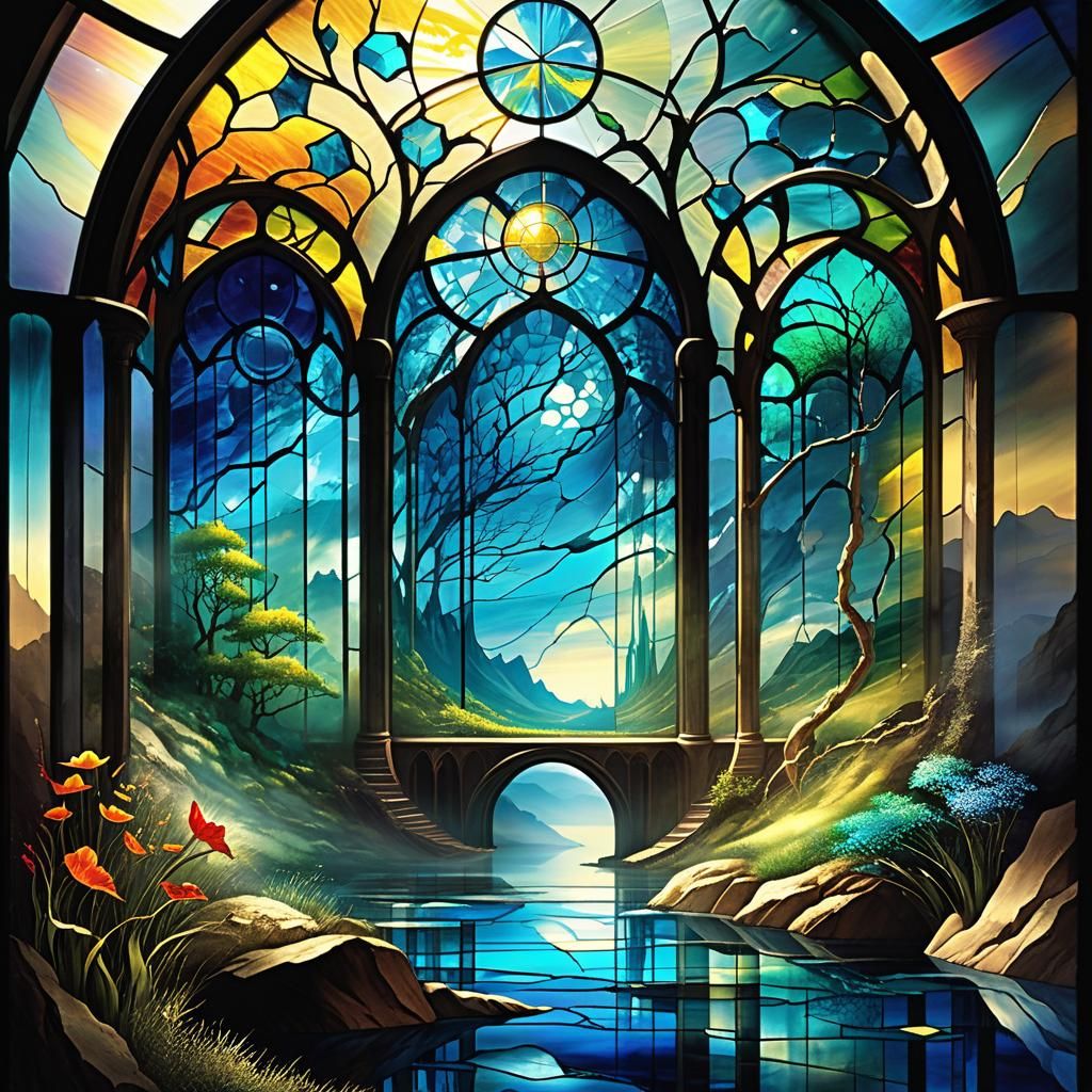 Imaginative Stained Glass Art: Surreal Subterranean World