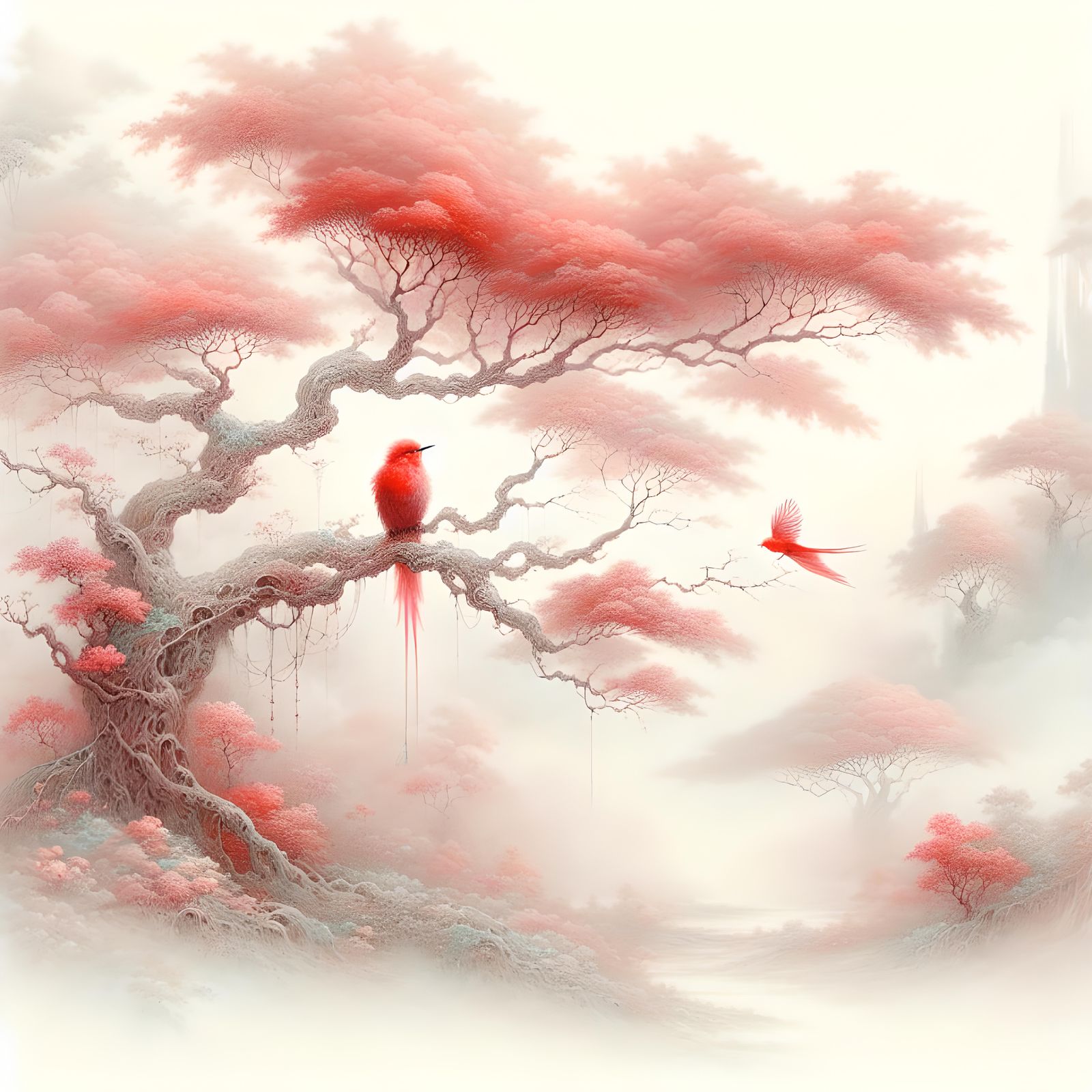 Red Bird in Pink Leaf Tree Watercolor