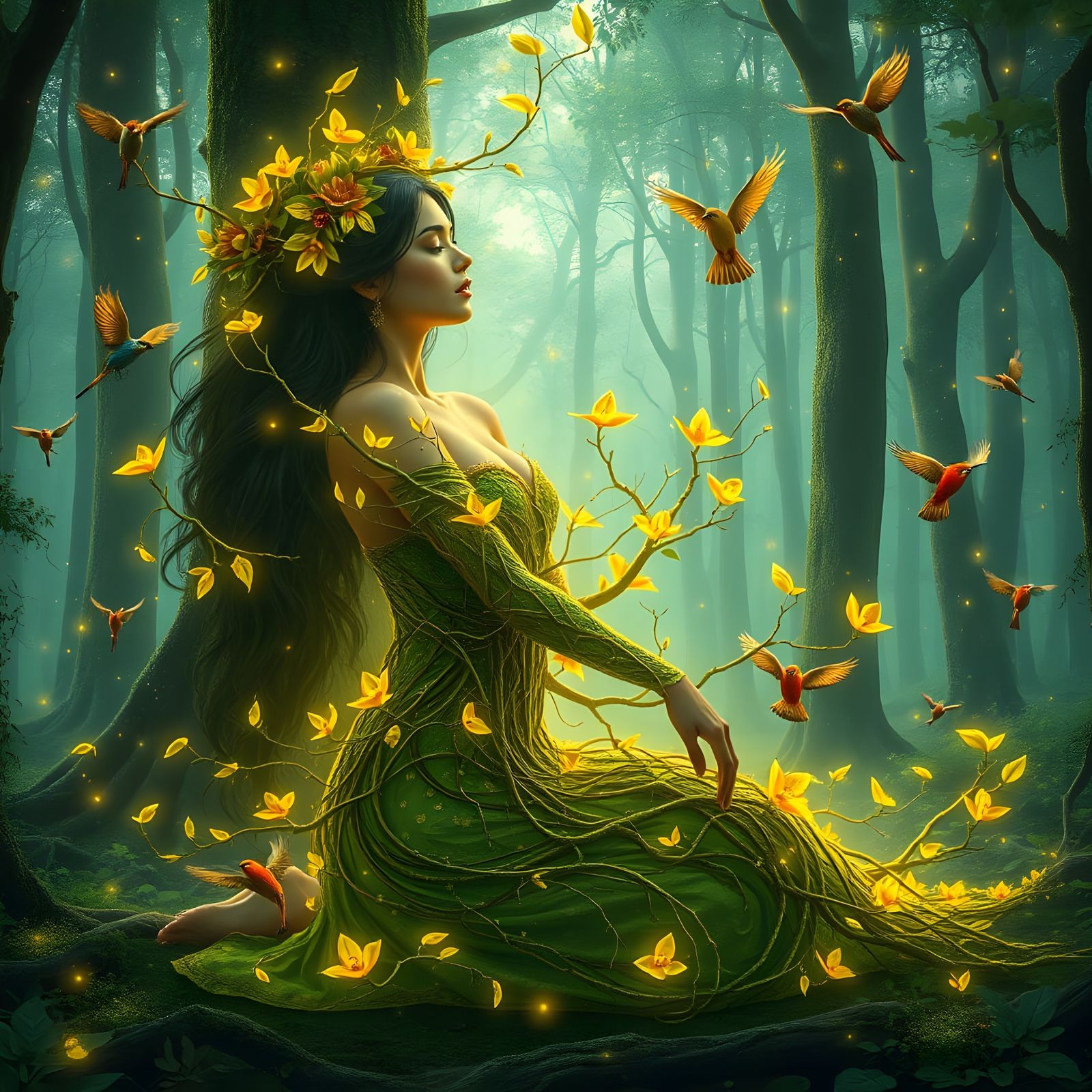 Enchanted Forest Goddess in Shimmering Gold and Emerald