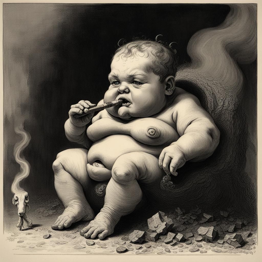 Giant fat ugly baby with worts and snot smoking a cigar