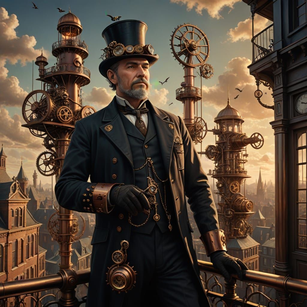 Steampunk Inventor Overlooking Victorian City