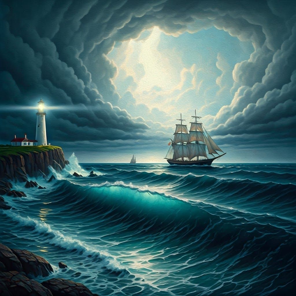 Stormy Sea: Ship Navigating Tumultuous Waters