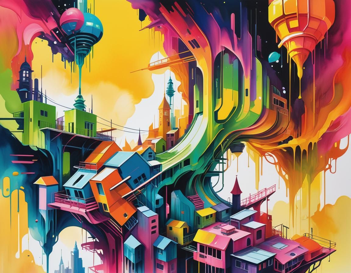 Futuristic Cityscape with Neon Architecture in Gouache Style