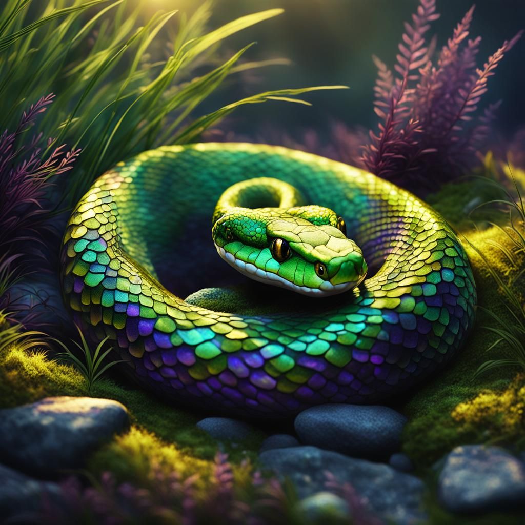 Iridescent Snake in Moss: Dark Fantasy Concept Art