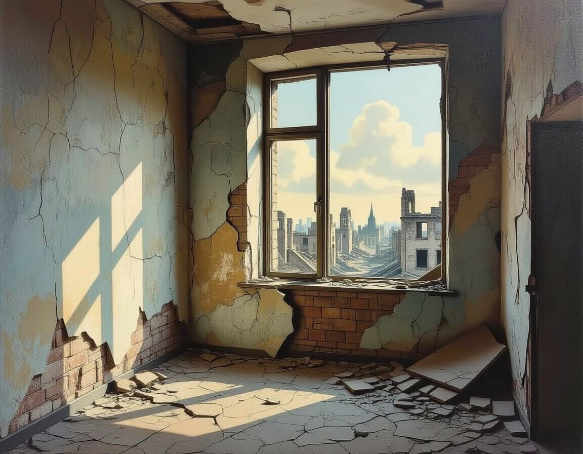 Abandoned Room in Ruins: Surreal Black and White Art