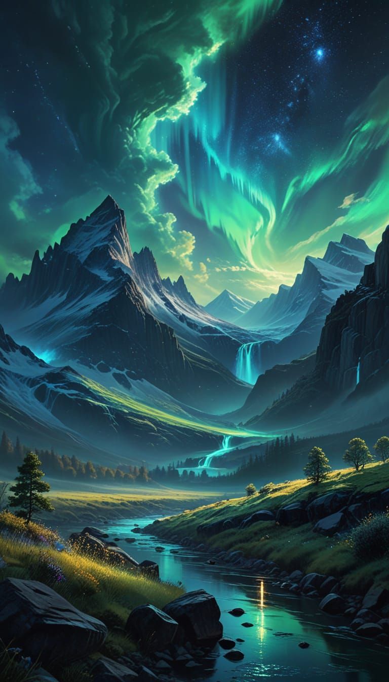 Vibrant Aurora Illuminates Majestic Mountain Range in Triadi...
