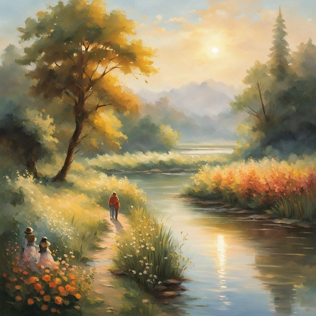 Impressionist Painting of Woman and Girl by River