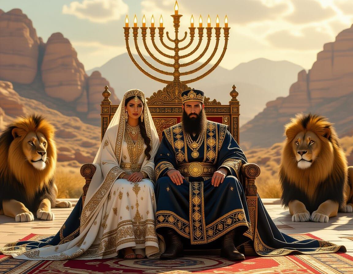 King David and Wife on Thrones: Hyper-Realistic Rendering