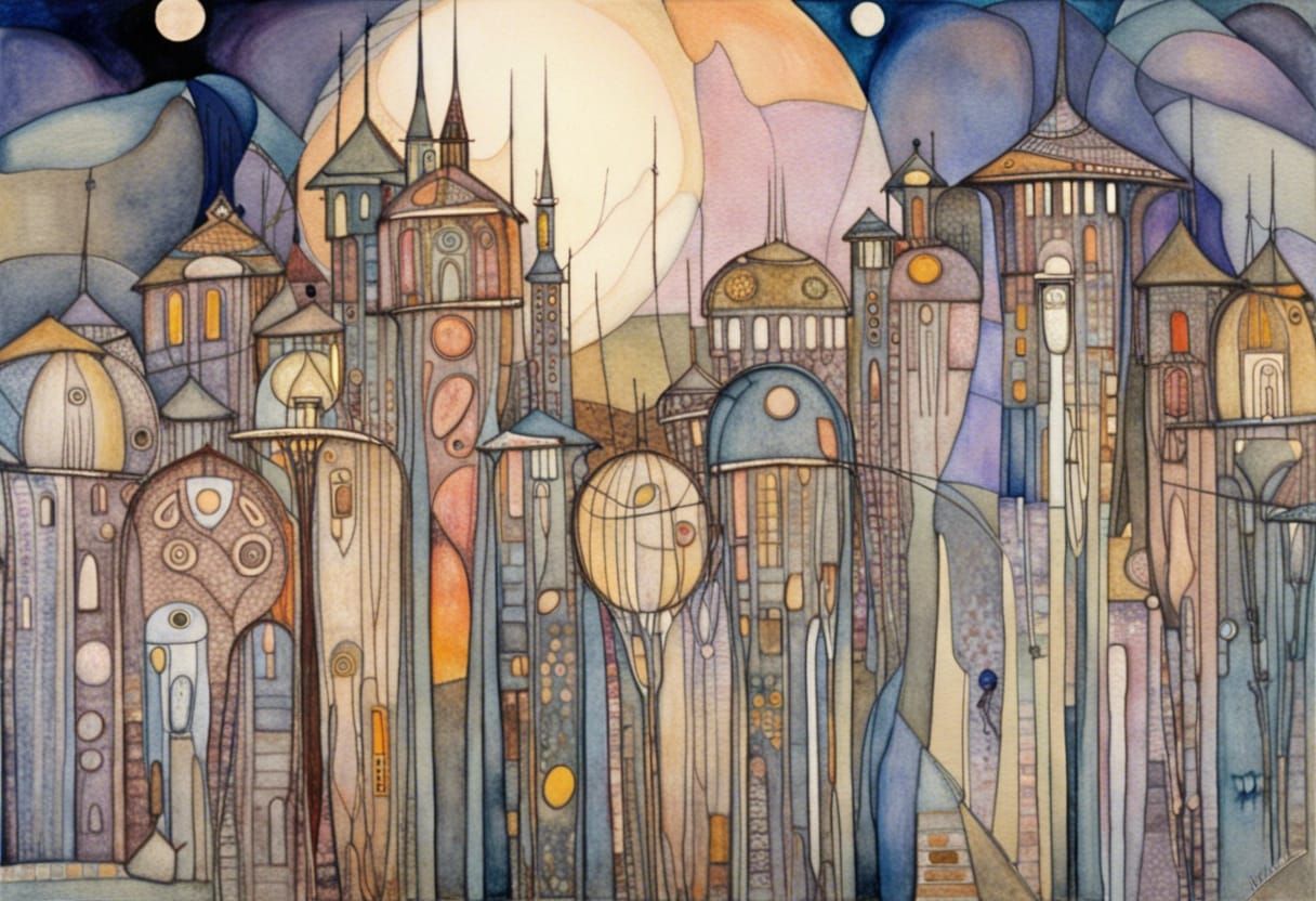 Abstract Fantasy Village by Mackintosh, Watercolor