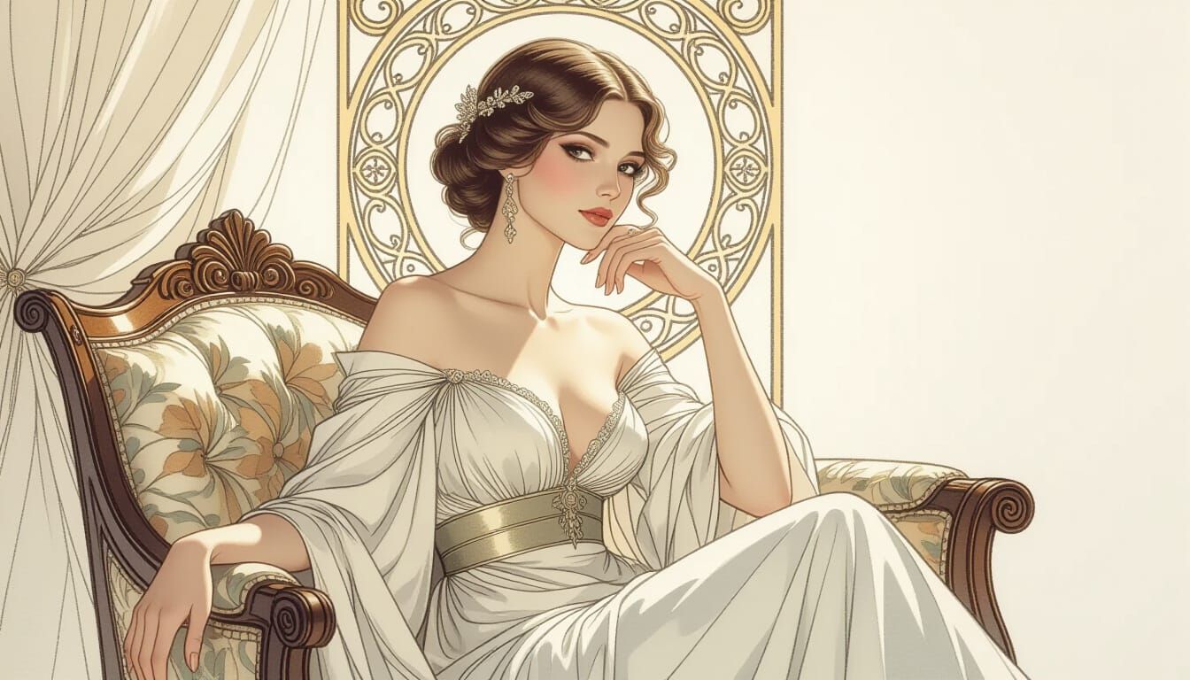 Elegant Lady Seated in Soft Light, Pencil Drawing