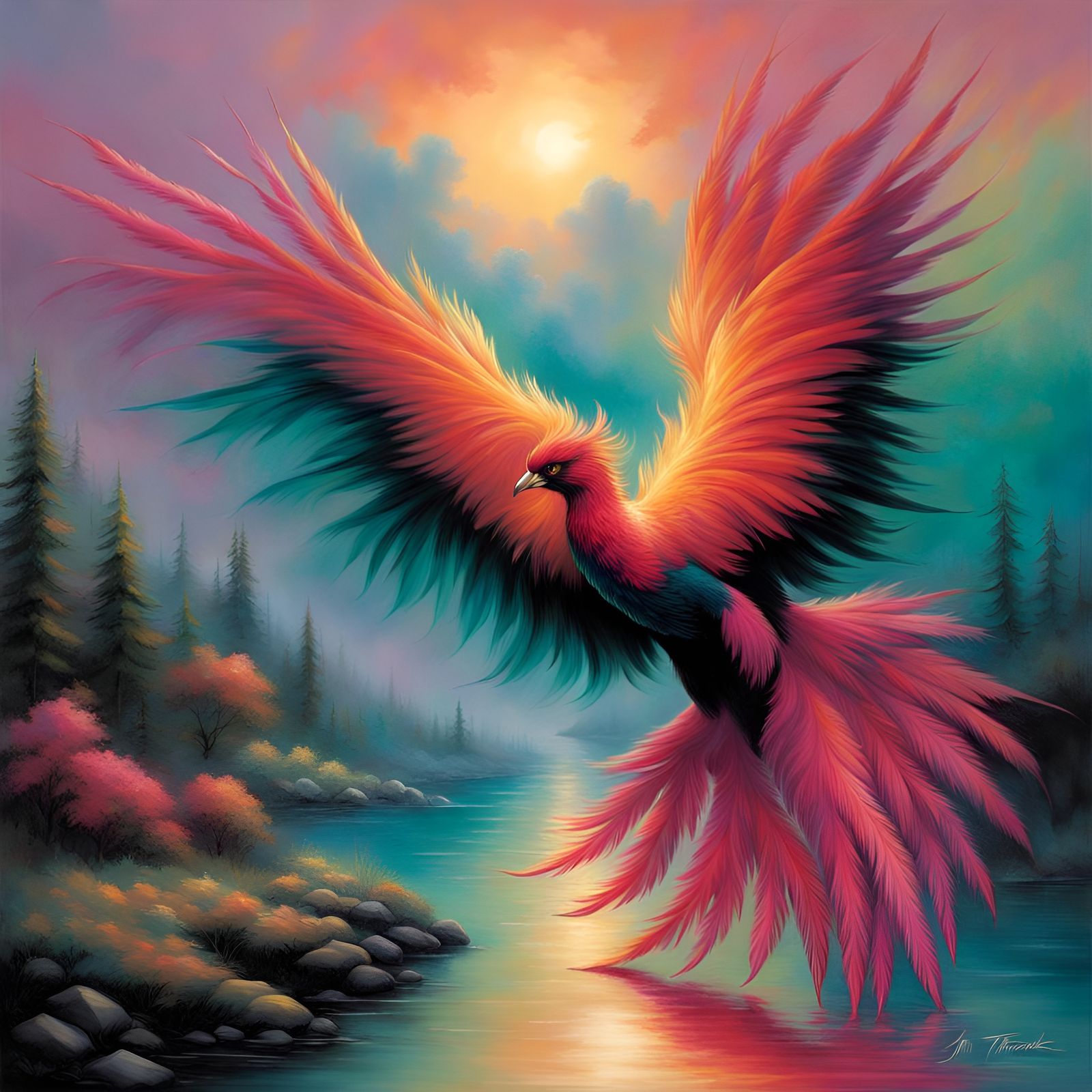 A fiery phoenix with feathers that blaze in hues of black, magenta pink ,gold, and teal green