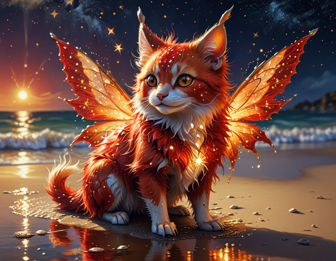 Gothic Fairy Plays on Beach as Oil Painting