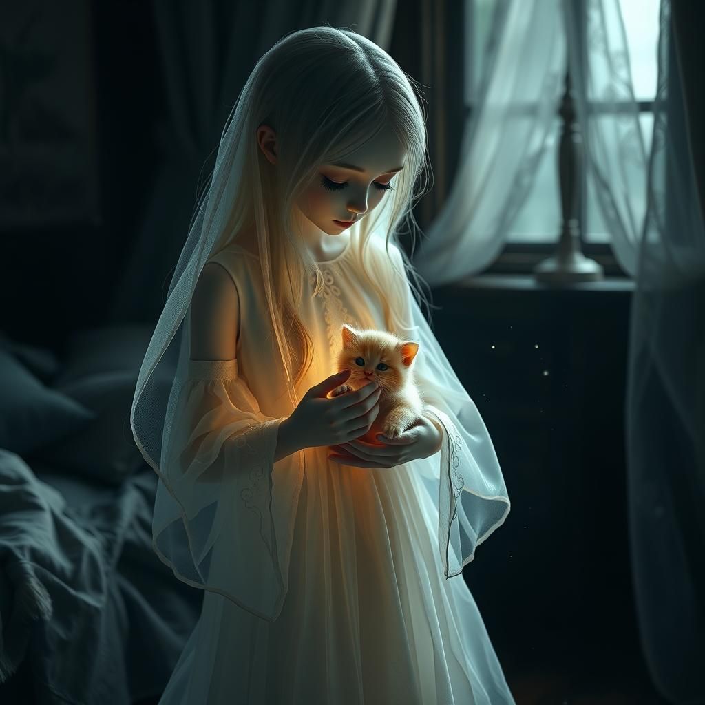 Ethereal Ghost Cradling Kitten in Moody Setting