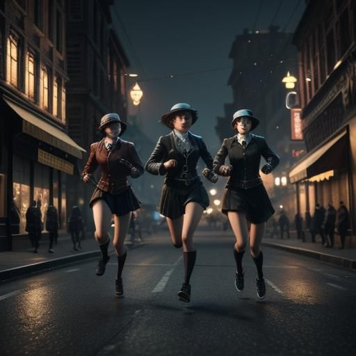 Women Running at Night in 1920s Style